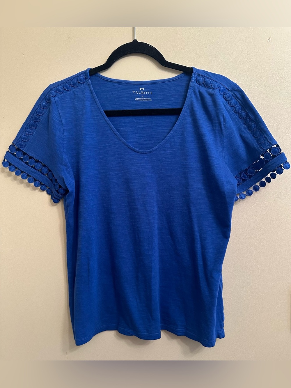Talbots Royal Blue Short Sleeve V-Neck Top with Pom Trim Size Medium